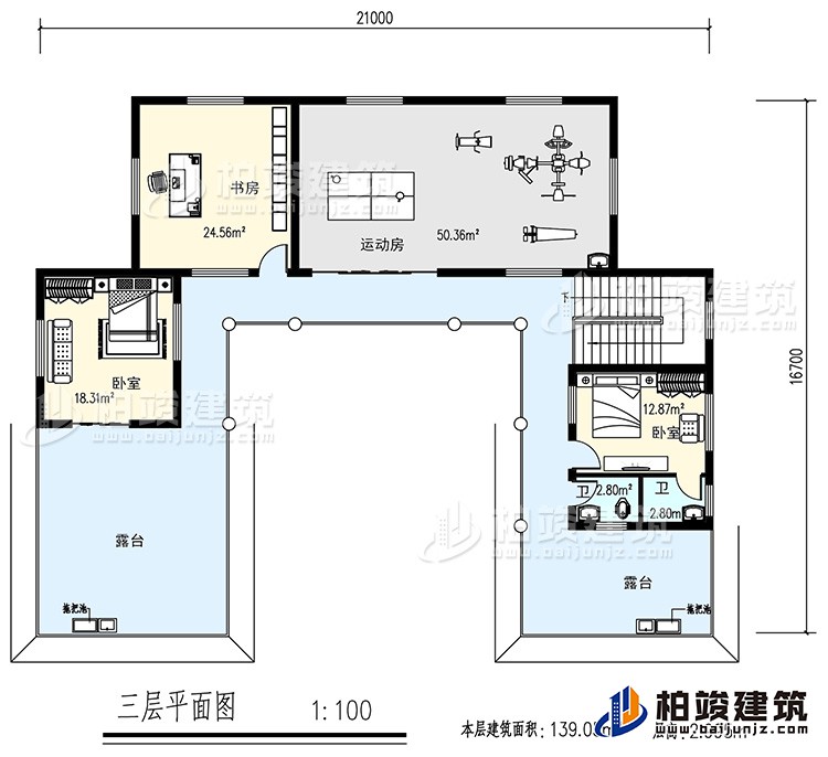 三層：書房，運動房，2臥室，2衛(wèi)生間，露臺