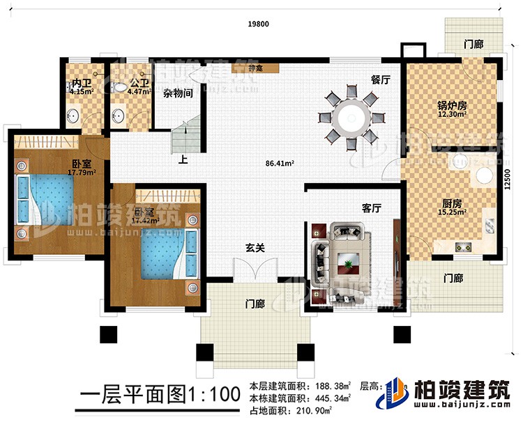 一層：3門廊、玄關(guān)、客廳、廚房、鍋爐房、2臥室、餐廳、神龕、雜物間、公衛(wèi)、內(nèi)衛(wèi)