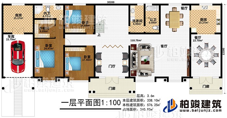 一層：2門(mén)廊、門(mén)廳、客廳、2餐廳、廚房、公衛(wèi)、洗漱間、3臥室、衣帽間、內(nèi)衛(wèi)、庫(kù)房、車(chē)庫(kù)