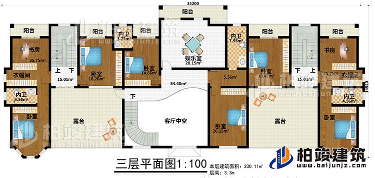 三層：6臥室、2衣帽間、2書房、4內(nèi)衛(wèi)、娛樂室、6陽臺(tái)、2露臺(tái)、客廳中空