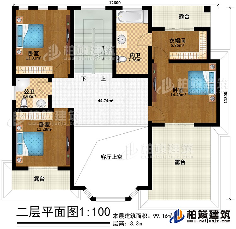 二層：3臥室，衣帽間、公衛(wèi)、內(nèi)衛(wèi)、3露臺、客廳上空