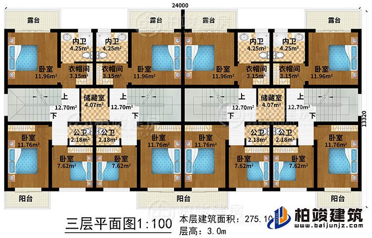 三層：12臥室、4公衛(wèi)、4內(nèi)衛(wèi)、2儲(chǔ)藏室、4衣帽間、3陽(yáng)臺(tái)、4露臺(tái)