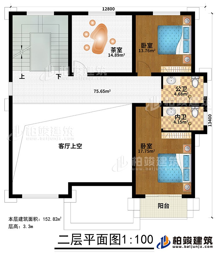 二層：2臥室，茶室，2衛(wèi)生間，陽(yáng)臺(tái)