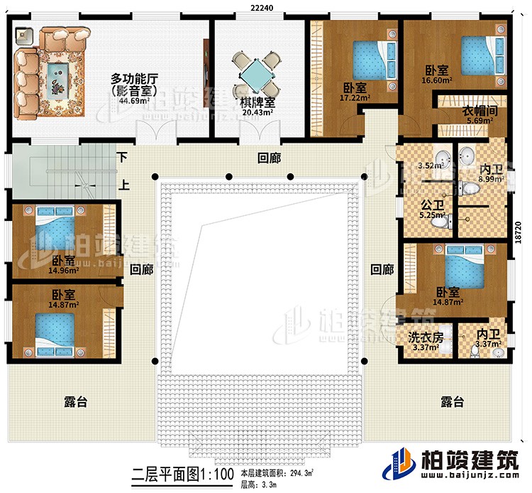 二層：多功能廳（影音室）、棋牌室、5臥室、衣帽間、公衛(wèi)、2內(nèi)衛(wèi)、洗衣房、3回廊、2露臺(tái)