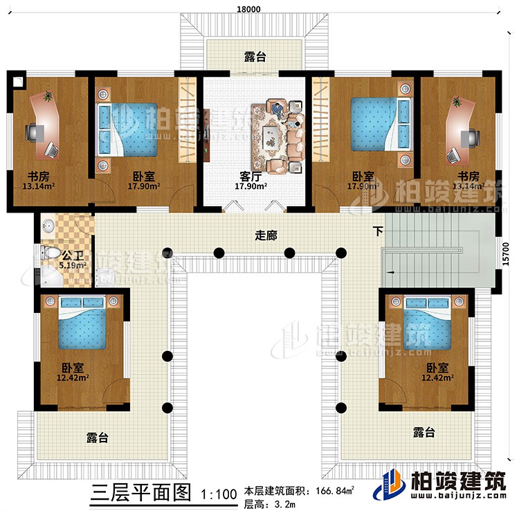 三層：走廊、3臥室、2書(shū)房、客廳、3露臺(tái)、公衛(wèi)