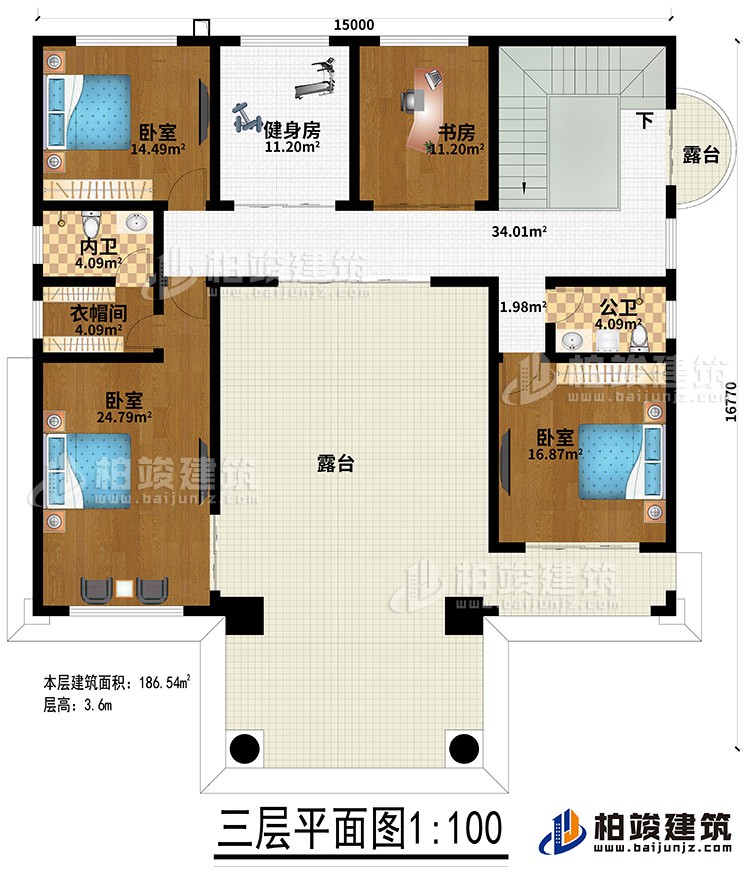 三層：3臥室、健身房、衣帽間、內(nèi)衛(wèi)、公衛(wèi)、健身房、書房、2露臺(tái)