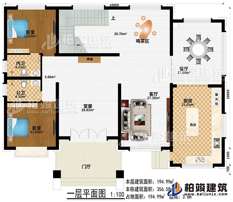 一層：門廳、堂屋、客廳、餐廳、廚房、柴火灶、島臺、神龕、喝茶區(qū)、2臥室、內衛(wèi)、公衛(wèi)