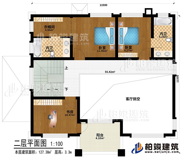 二層：客廳挑空、2臥室、衣帽間、書房、2內(nèi)衛(wèi)、陽臺