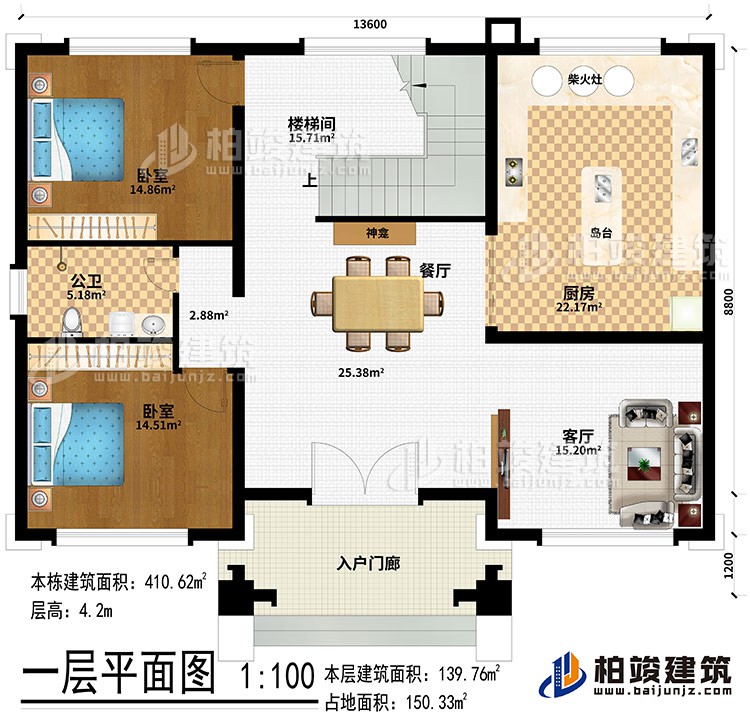 一層：入戶門廊、客廳、餐廳、廚房、神龕、島臺(tái)、柴火灶、樓梯間、公衛(wèi)、2臥室