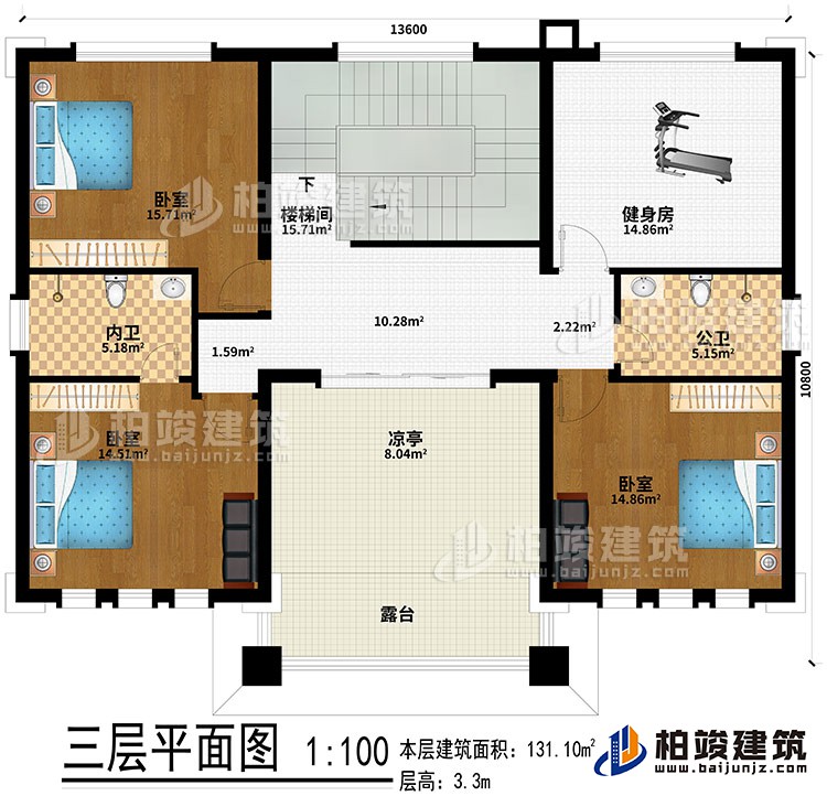 三層：樓梯間、健身房、3臥室、公衛(wèi)、內(nèi)衛(wèi)、涼亭、露臺(tái)