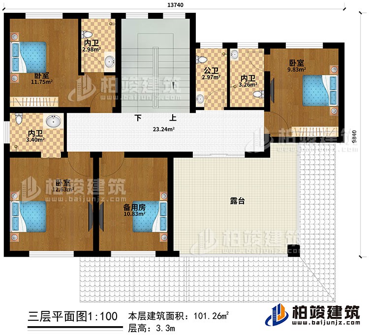 三層：3臥室、備用房、３內(nèi)衛(wèi)、公衛(wèi)、露臺