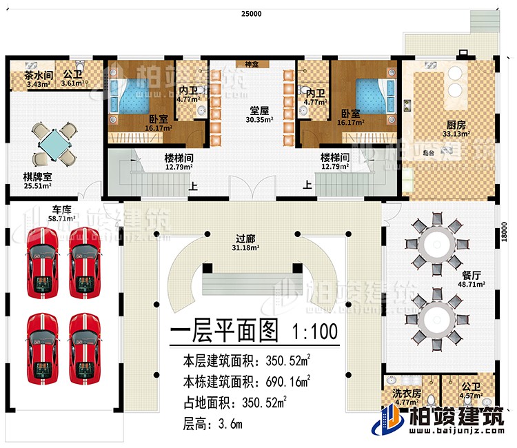 一層：過廊、堂屋、神龕、2樓梯間、廚房、餐廳、棋牌室、車庫、茶水間、2公衛(wèi)、洗衣房、2臥室、2內(nèi)衛(wèi)