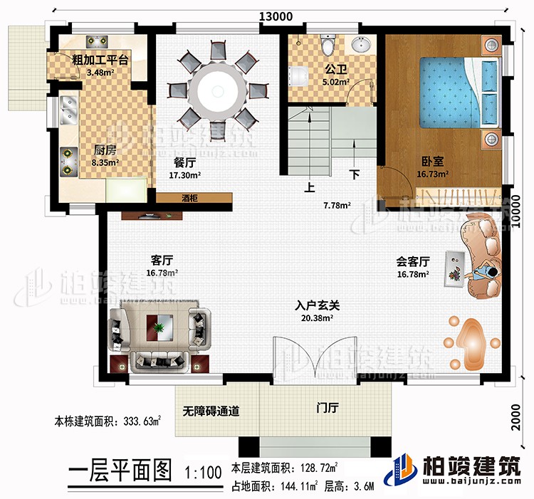 一層：門廳、無障礙通道、酒柜、入戶玄關(guān)、會客廳、客廳、廚房、餐廳、粗加工平臺、臥室、公衛(wèi)