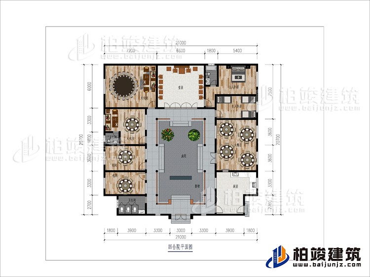 一層：大餐廳、2包間、2大餐廳、2內(nèi)衛(wèi)、堂屋、臥室、工人臥室、公衛(wèi)、庭院、影壁墻