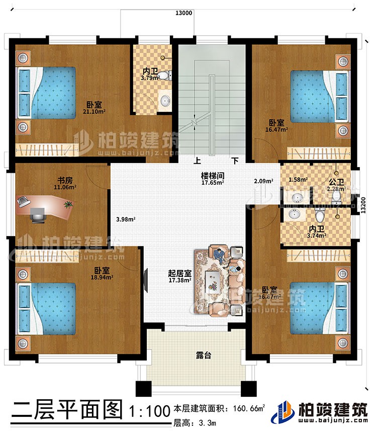 二層：起居室、樓梯間、4臥室、書房、公衛(wèi)、內衛(wèi)、露臺