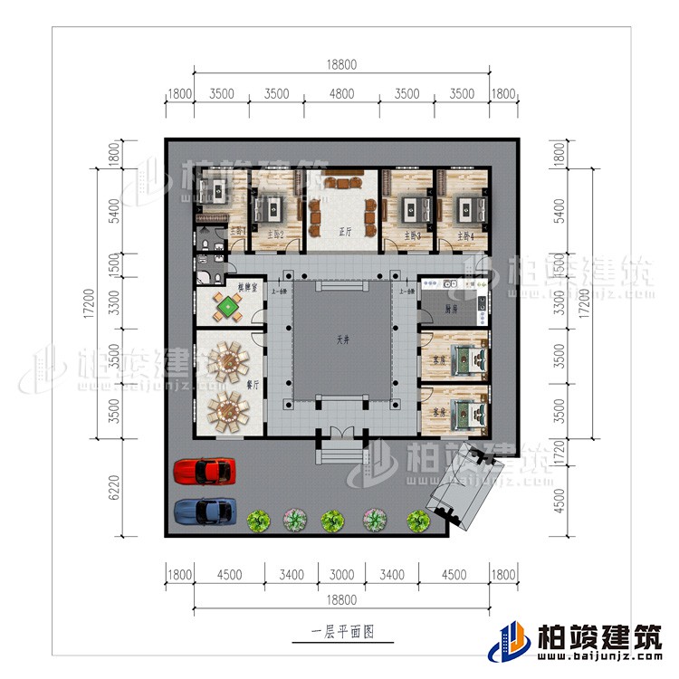 一層：車庫、餐廳、棋牌室、廚房、正廳、6臥室、公衛(wèi)、內(nèi)衛(wèi)