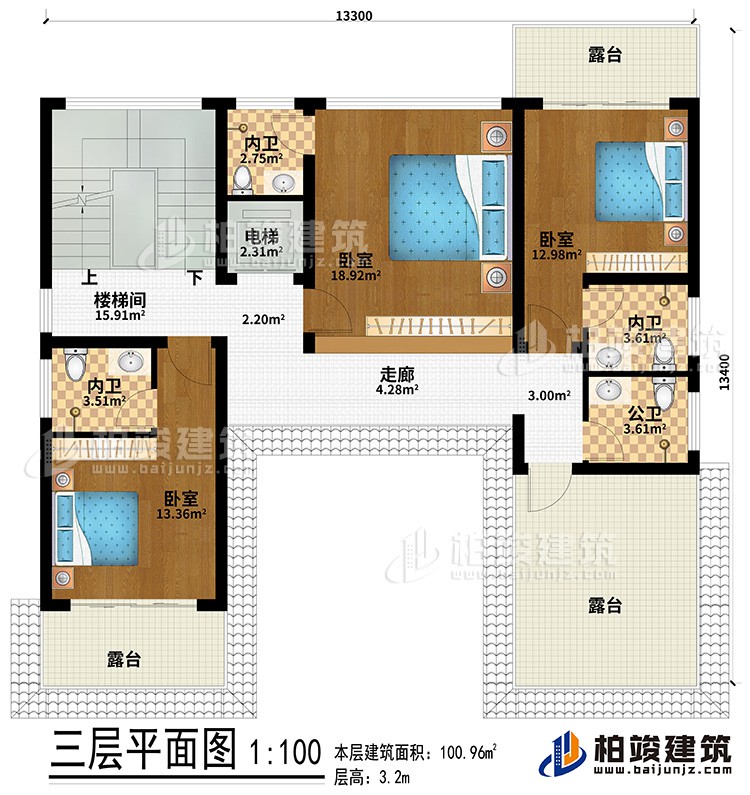 三層：走廊、3臥室、3內(nèi)衛(wèi)、3露臺(tái)、樓梯間、電梯、公衛(wèi)