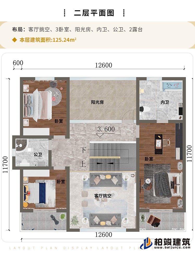 二層：客廳挑空、3臥室、陽光房、內(nèi)衛(wèi)、公衛(wèi)、2露臺