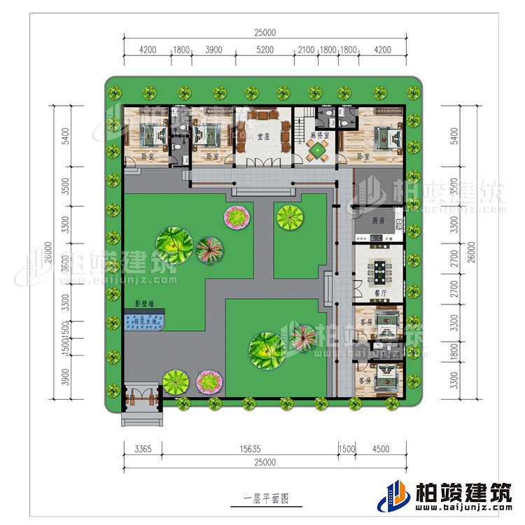 一層：影壁墻、花園、堂屋、廚房、餐廳、5臥室、2公衛(wèi)、2內(nèi)衛(wèi)、麻將室