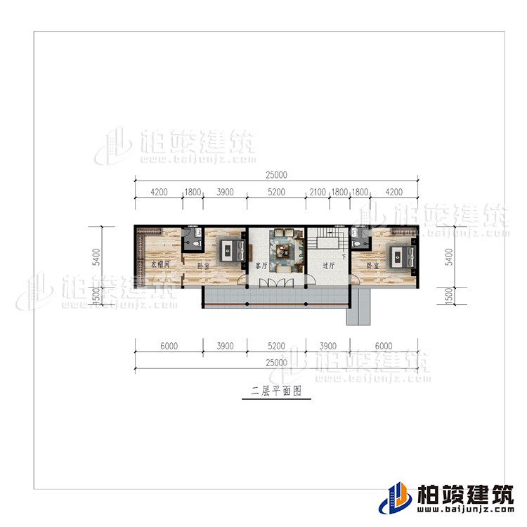 二層：過(guò)廳、客廳、衣帽間、2臥室