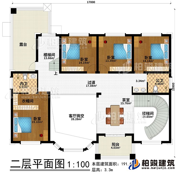 二層：2樓梯間、過道、茶室、4臥室、衣帽間、公衛(wèi)、內(nèi)衛(wèi)、客廳挑空、露臺(tái)、陽臺(tái)