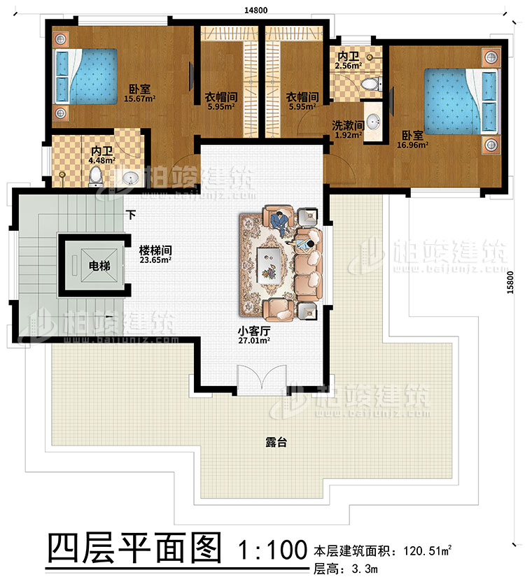 四層：2臥室、2衣帽間、2內(nèi)衛(wèi)、樓梯間、電梯、小客廳、露臺(tái)