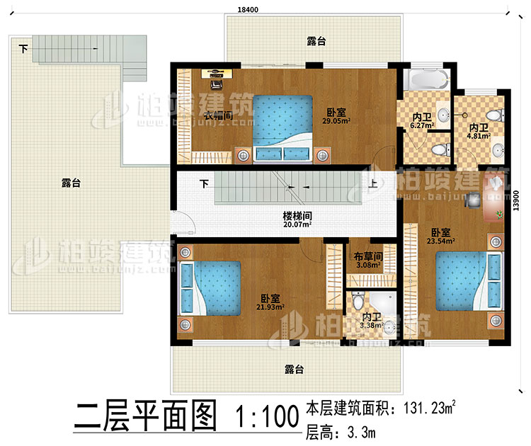 二層：樓梯間、3臥室、衣帽間、布草間、3內(nèi)衛(wèi)、3露臺(tái)