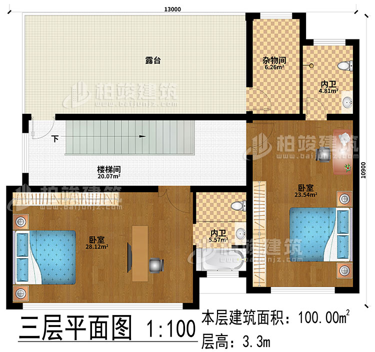 三層：2臥室、樓梯間、露臺(tái)、2內(nèi)衛(wèi)、雜物間