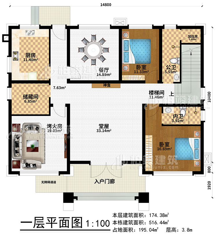 一層：入戶門廊、無障礙通道、廚房、餐廳、儲藏間、烤火房、公衛(wèi)、加壓房、樓梯間、2臥室、內(nèi)衛(wèi)