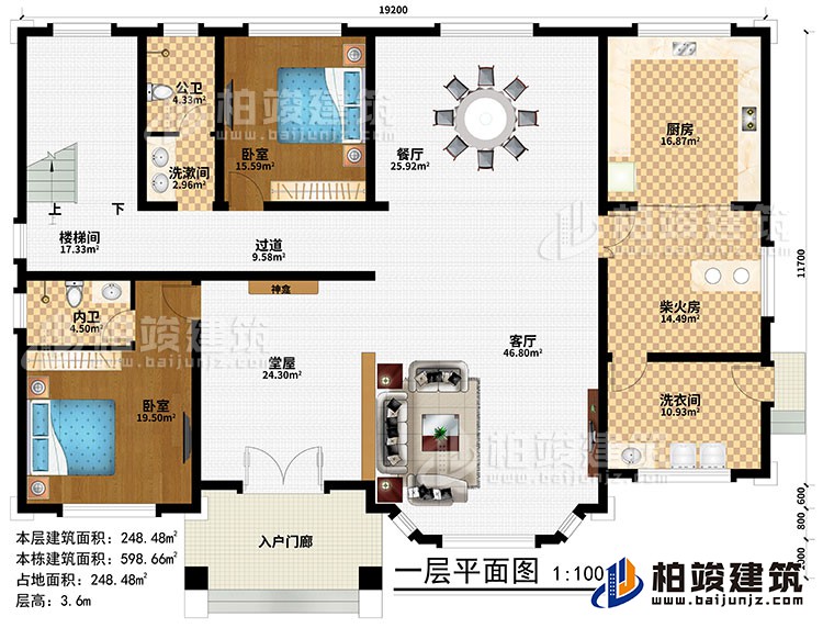 一層：入戶門廊、堂屋、神龕、客廳、餐廳、廚房、柴火房、2臥室、洗漱間、洗衣間、公衛(wèi)、內(nèi)衛(wèi)、過道、樓梯間