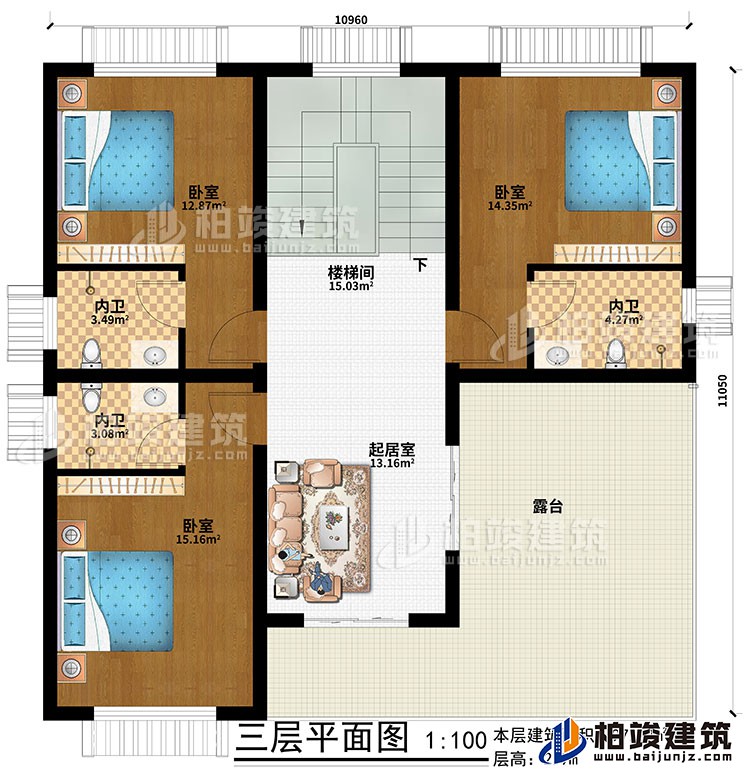 三層：起居室、樓梯間、3臥室、3內(nèi)衛(wèi)、露臺