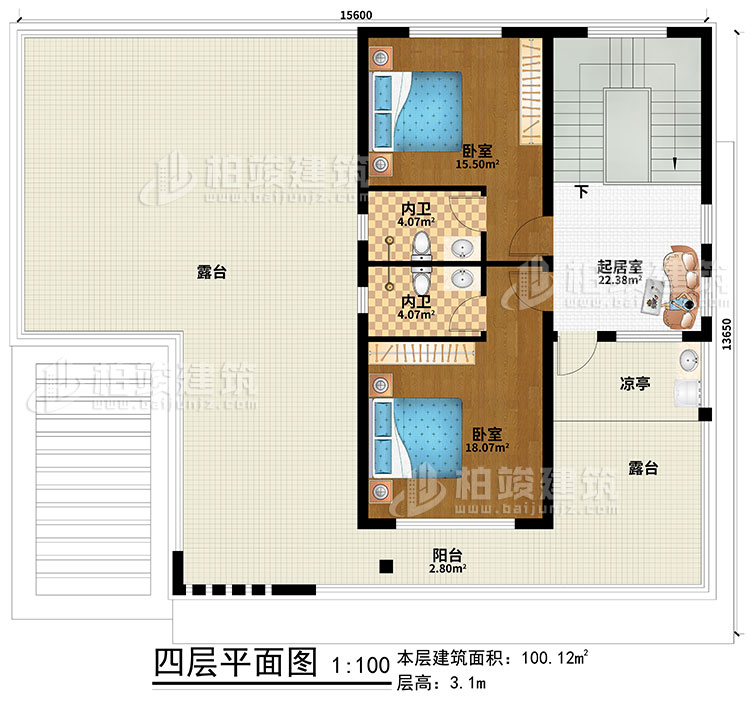 四層：起居室、2臥室、2內(nèi)衛(wèi)、涼亭、陽臺(tái)、2露臺(tái)