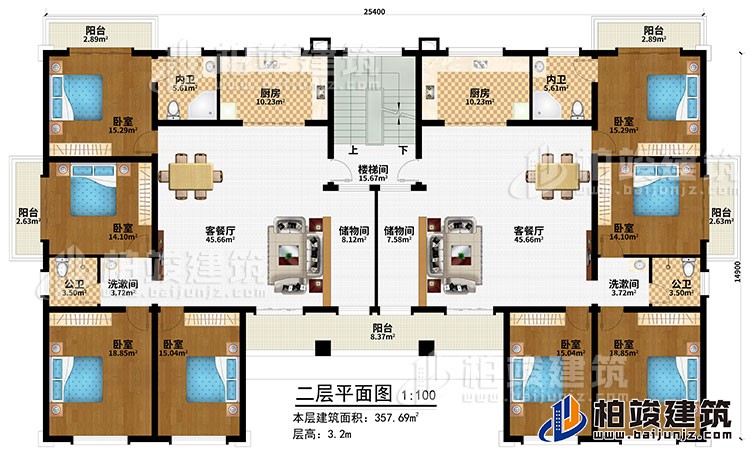 二層：樓梯間、2客餐廳、2儲(chǔ)物間、2廚房、8臥室、5陽(yáng)臺(tái)、2內(nèi)衛(wèi)、2公衛(wèi)、2洗漱間