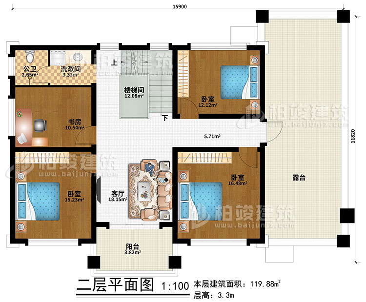 二層：客廳、樓梯間、3臥室、書房、洗漱間、公衛(wèi)、露臺(tái)、陽臺(tái)