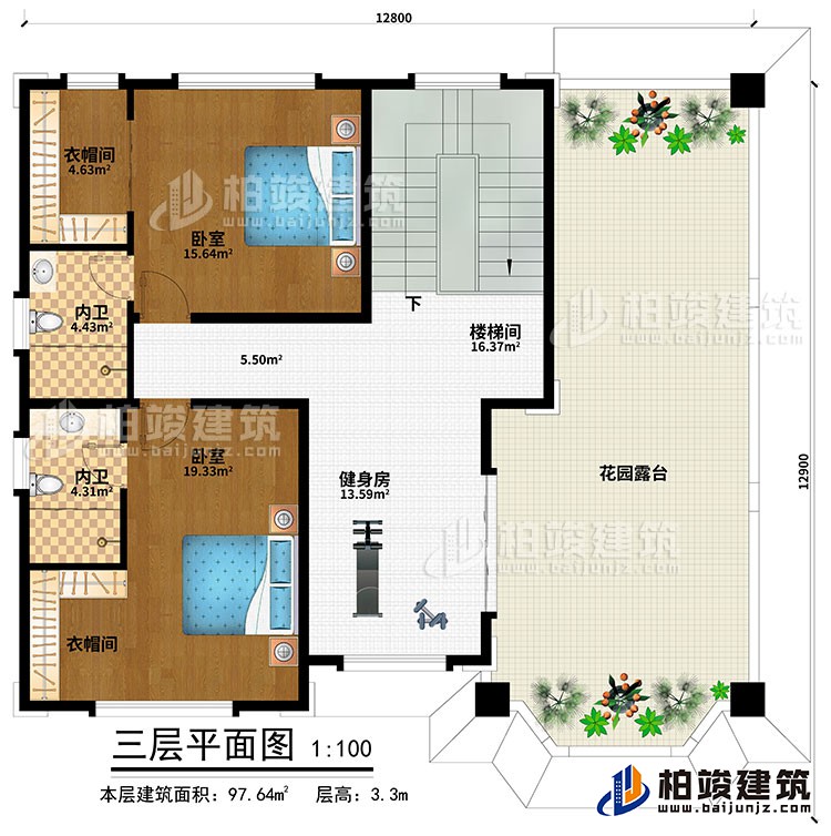 三層：健身房、樓梯間、2臥室、2衣帽間、2內(nèi)衛(wèi)、花園露臺(tái)