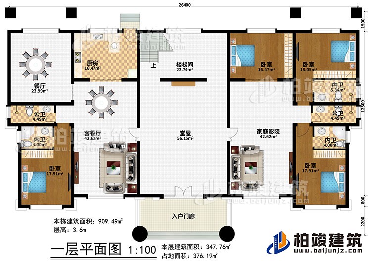 一層：入戶門廊、堂屋、客餐廳、餐廳、廚房、樓梯間、4臥室、2公衛(wèi)、3內(nèi)衛(wèi)、家庭影院