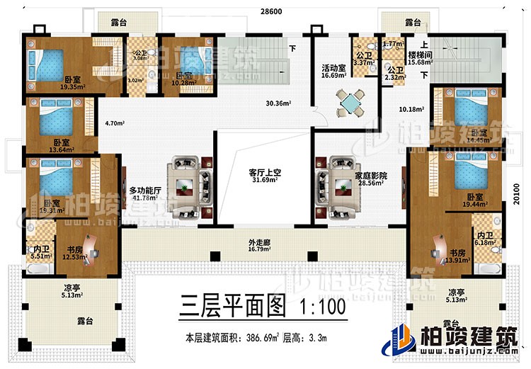 三層：多功能廳、客廳上空、家庭影院、6臥室、2書房、活動(dòng)室、3公衛(wèi)、2內(nèi)衛(wèi)、4露臺(tái)、2涼亭、外走廊、樓梯間