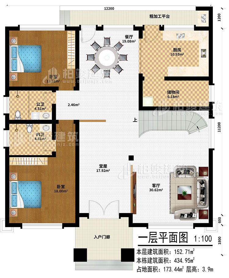 一層：入戶門廊、堂屋、客廳、餐廳、廚房、儲物間、2臥室、公衛(wèi)、內(nèi)衛(wèi)、粗加工平臺