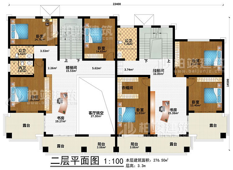 二層：2樓梯間、2書房、客廳挑空、6臥室、2公衛(wèi)、內(nèi)衛(wèi)、2陽(yáng)臺(tái)、4露臺(tái)、衣帽間