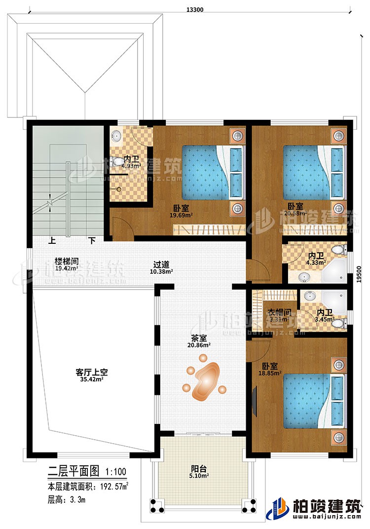 二層：樓梯間、3臥室、過道、茶室、客廳上空、衣帽間、3內(nèi)衛(wèi)、陽臺(tái)