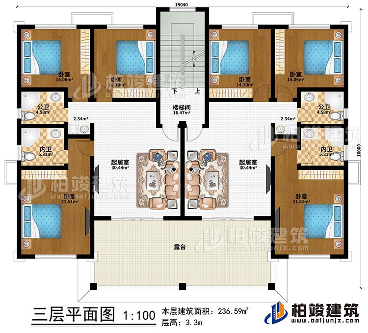 三層：2起居室、樓梯間、6臥室、2公衛(wèi)、2內(nèi)衛(wèi)、露臺(tái)