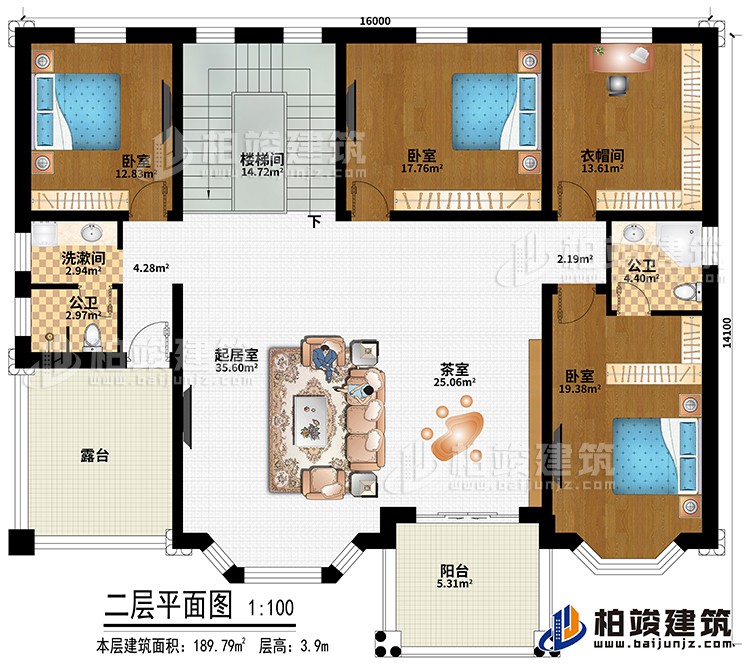 二層：樓梯間、起居室、茶室、3臥室、衣帽間、洗漱間、公衛(wèi)、內(nèi)衛(wèi)、陽臺(tái)、露臺(tái)