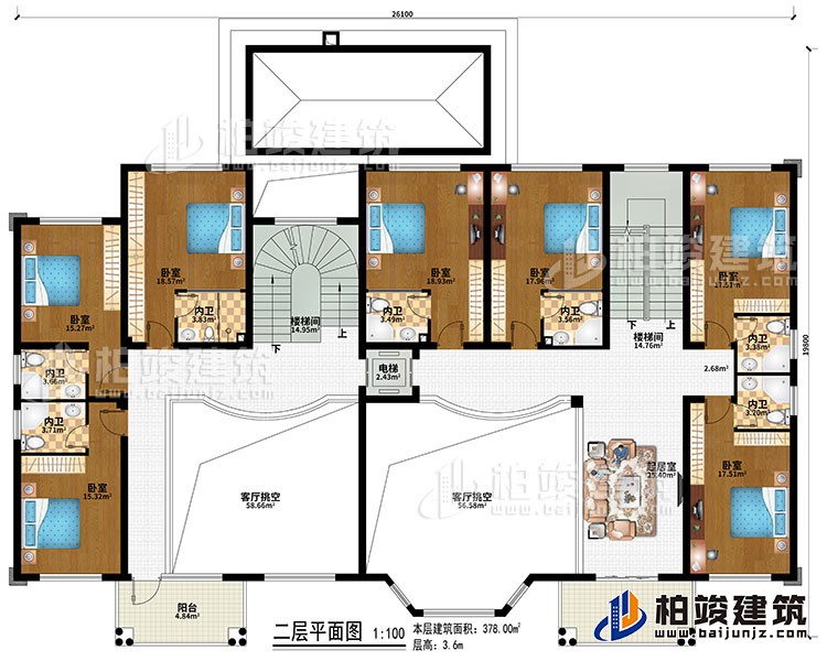 二層：2樓梯間、2客廳挑空、起居室、7臥室、7內(nèi)衛(wèi)、電梯、2陽臺