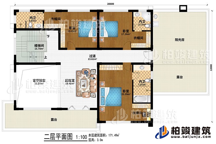 二層：樓梯間、客廳挑空、起居室、過道、3臥室、3衣帽間、3內(nèi)衛(wèi)、陽光房、2露臺