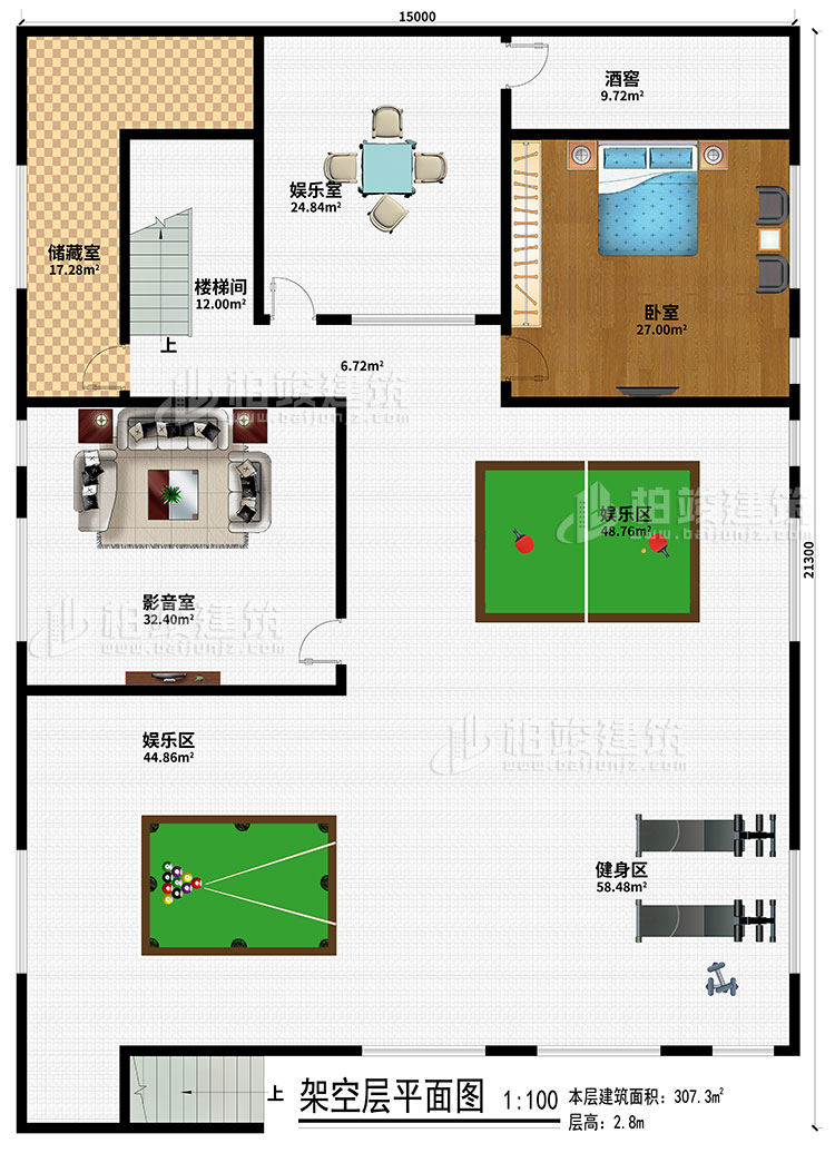 架空層：儲藏室、樓梯間、娛樂室、酒窖、臥室、影音室、2娛樂區(qū)、健身區(qū)