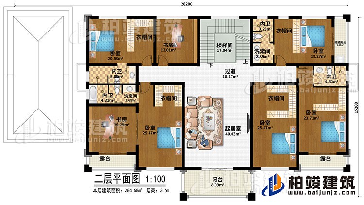 二層：樓梯間、過道、起居室、2書房、5臥室、2洗漱間、4衣帽間、晾曬陽臺、陽臺、2露臺、4內(nèi)衛(wèi)